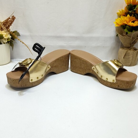 Time and Tru Gold Buckle Cork Wedge Platform Memory Foam Sandals Size 11 NWT - Picture 3 of 9